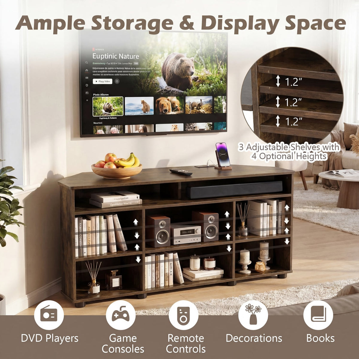 Corner Entertainment Center TV Stand for TVs up to 55 Inch-Rustic Brown view 9
