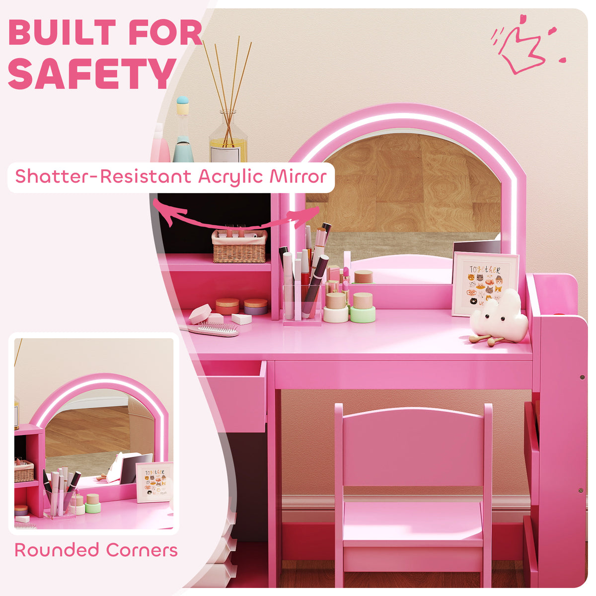 Qaba Kids Vanity Set, Toddler Dressing Table and Chair Set  with Lighted Mirror, Cabinet, Drawer and Shelves