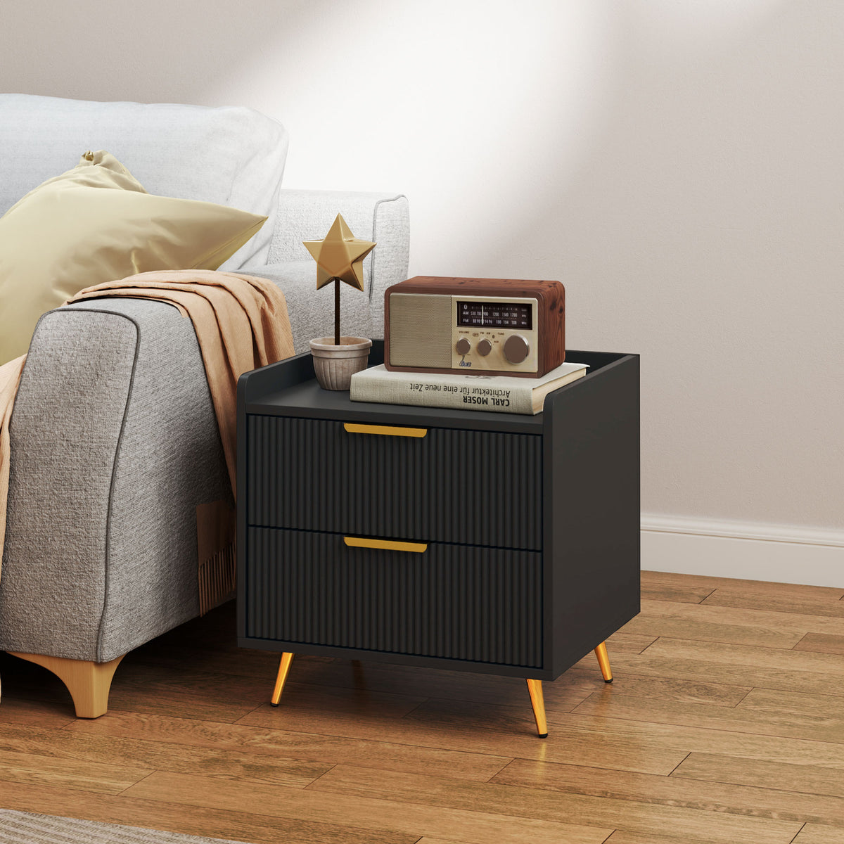 Bedside Table, Nightstand with 2 Drawers, Side End Table with Metal Legs for Bedroom, Black – view 6