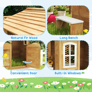Wooden Kids Playhouse with Door Windows Mailbox Flower Pot Holder Serving Station Bench Yellow