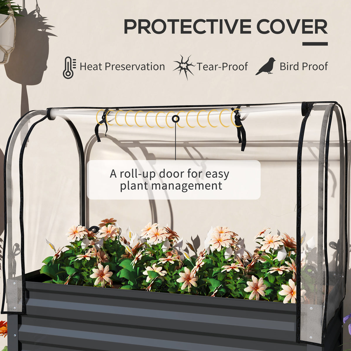 Raised Garden Bed with Cover, Metal Elevated Planter Box with Bottom Shelf and Liner, Black – view 10