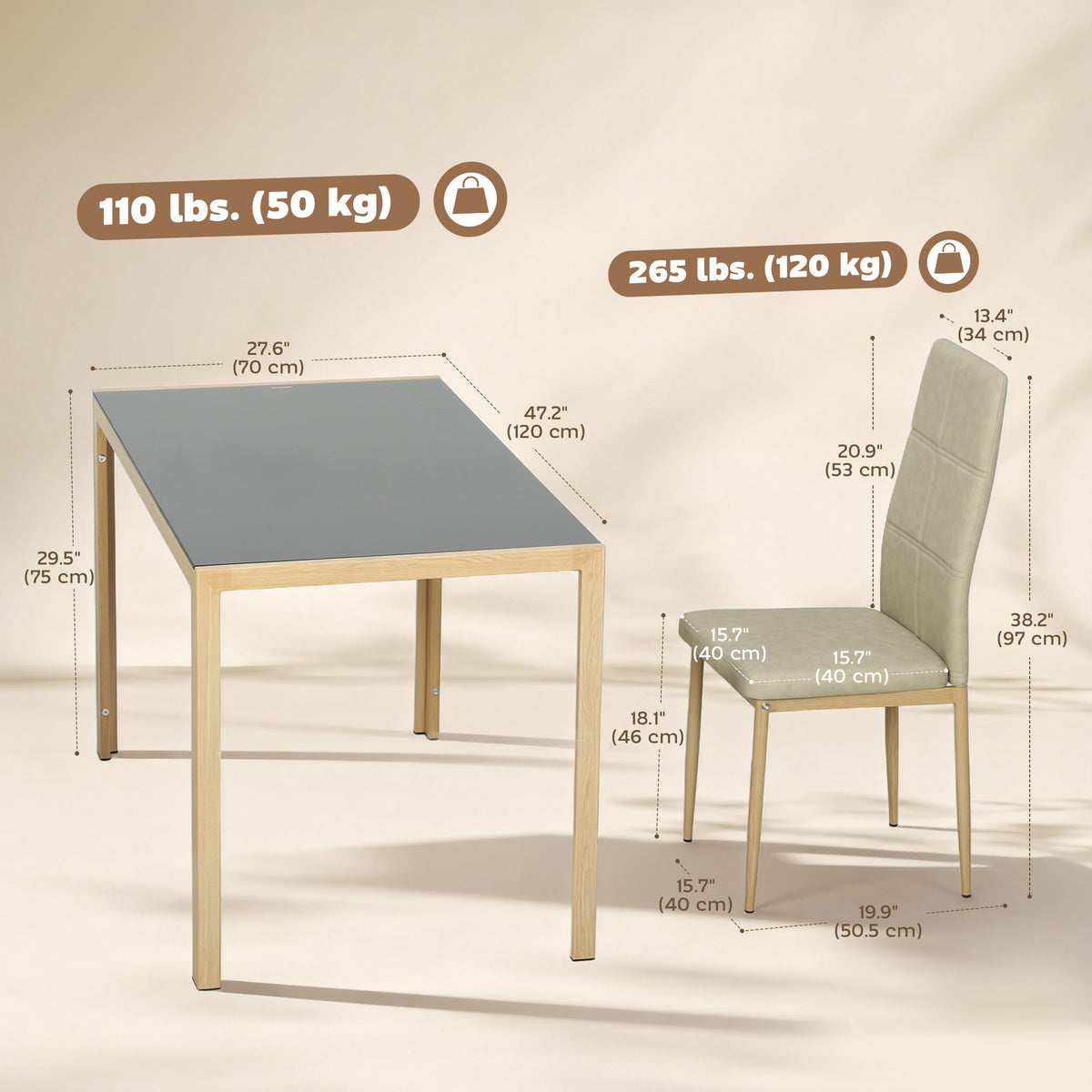 5-Piece Rectangular Glass Kitchen Table and Chairs with Metal Frame and Faux Leather Upholstery for Dining – view 20
