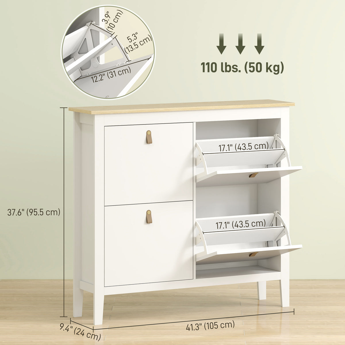 Narrow Shoe Cabinet with 2 Flip Drawers, Adjustable Shelves for Entryway, Holds 10-14 Pairs, White – view 16