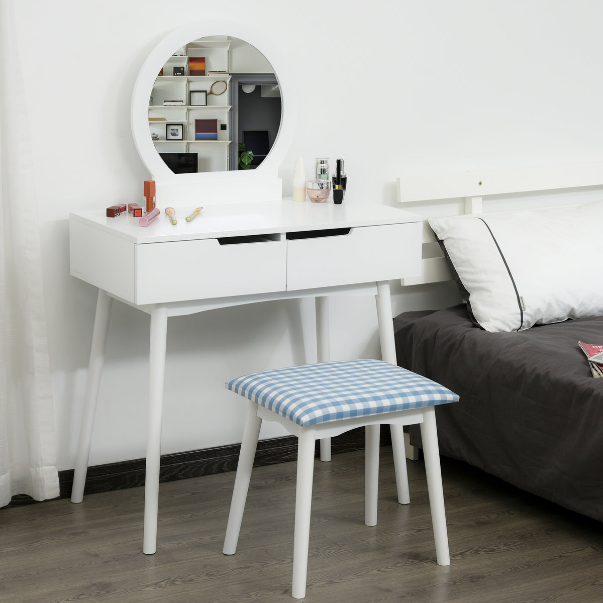 Makeup Vanity Desk with Round Mirror and 2 Drawers, Dressing Table with Cushioned Stool Set for Bedroom (White)
