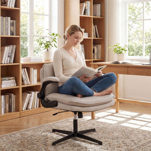 Criss Cross Chair with Flip-up Arms Ergonomic Office Desk Chair with Adjustable Height Wide Backrest Padded Seat-Beige view 2