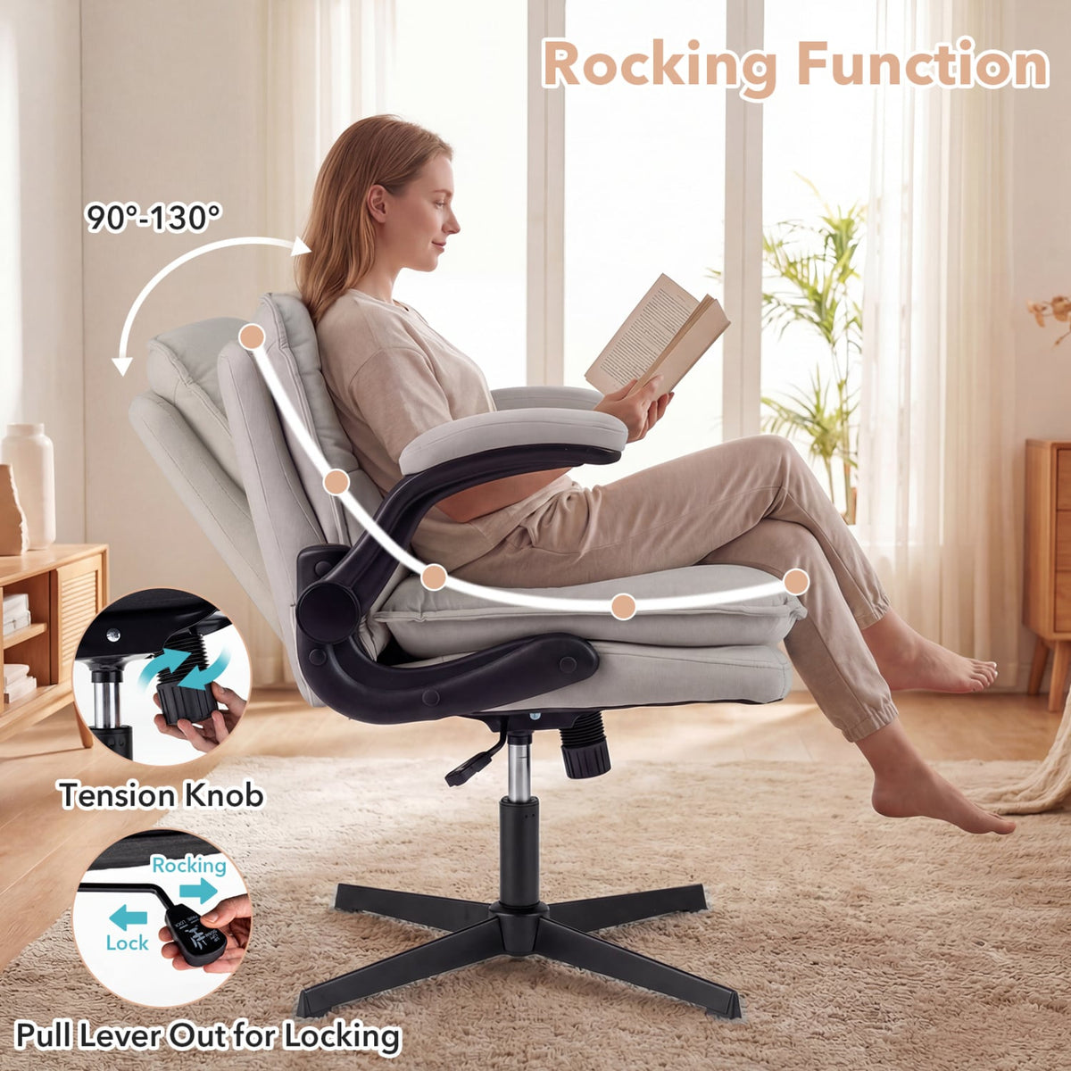 Criss Cross Chair with Flip-up Arms Ergonomic Office Desk Chair with Adjustable Height Wide Backrest Padded Seat-Beige view 6