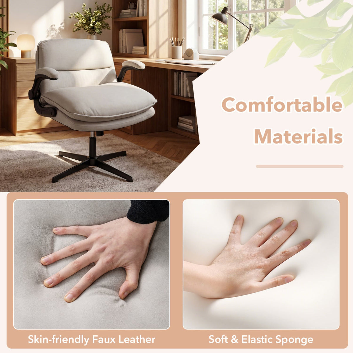 Criss Cross Chair with Flip-up Arms Ergonomic Office Desk Chair with Adjustable Height Wide Backrest Padded Seat-Beige view 8