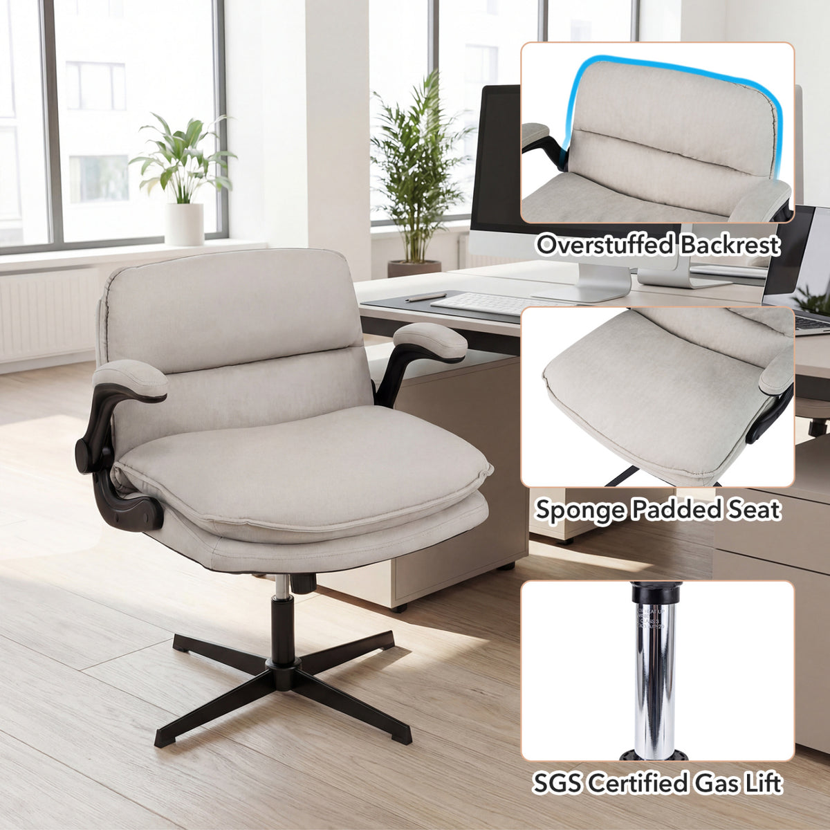 Criss Cross Chair with Flip-up Arms Ergonomic Office Desk Chair with Adjustable Height Wide Backrest Padded Seat-Beige view 9
