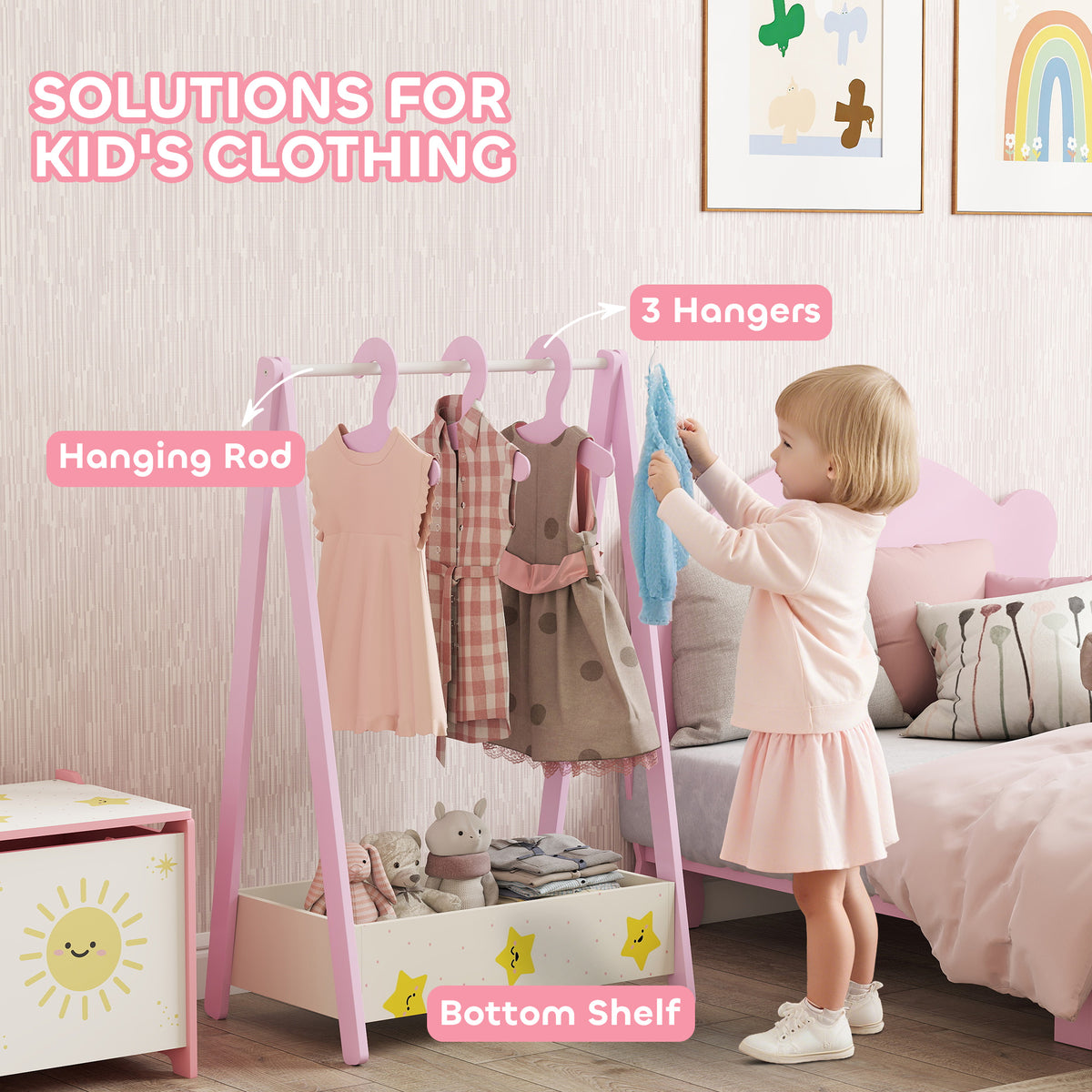 Qaba Kids Clothing Rack with Storage Shelf, Hangers, for Nursery Room, Living Room, Playroom