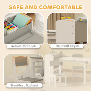 Qaba Kids Table and Chairs Set, Toddler Art Table and Chair Set with Paper Roll, Storage Shelves and Drawers, Grey