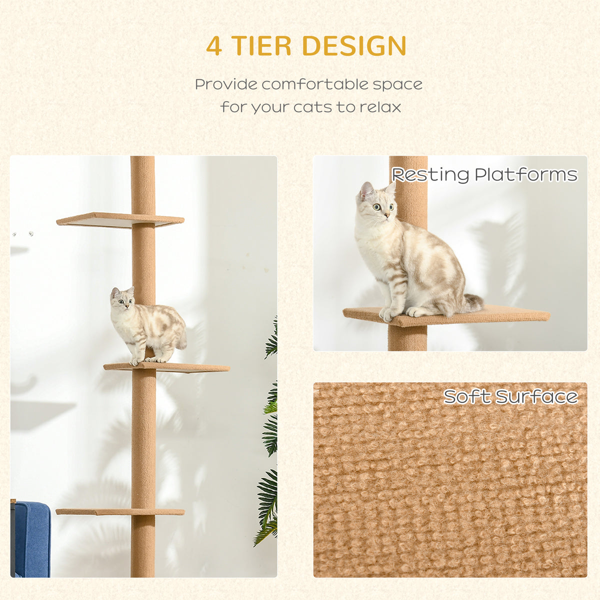 100" Floor To Ceiling Cat Tree w/ 3 Perches Activity Center for Kittens Cat Tower Furniture, Light Brown