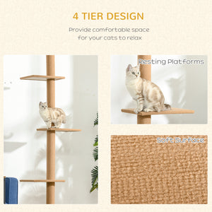 100" Floor To Ceiling Cat Tree w/ 3 Perches Activity Center for Kittens Cat Tower Furniture, Light Brown