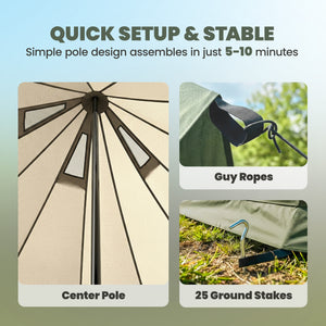 Teepee Tent Waterproof Camping Tent with Stove Jack for 4-6 Person Outdoor Camping Hiking Army Green