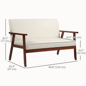 Compact Loveseat Sofa Couch Linen Fabric Double Seat Sofa with Rubber Wood Legs Cream White – view 2