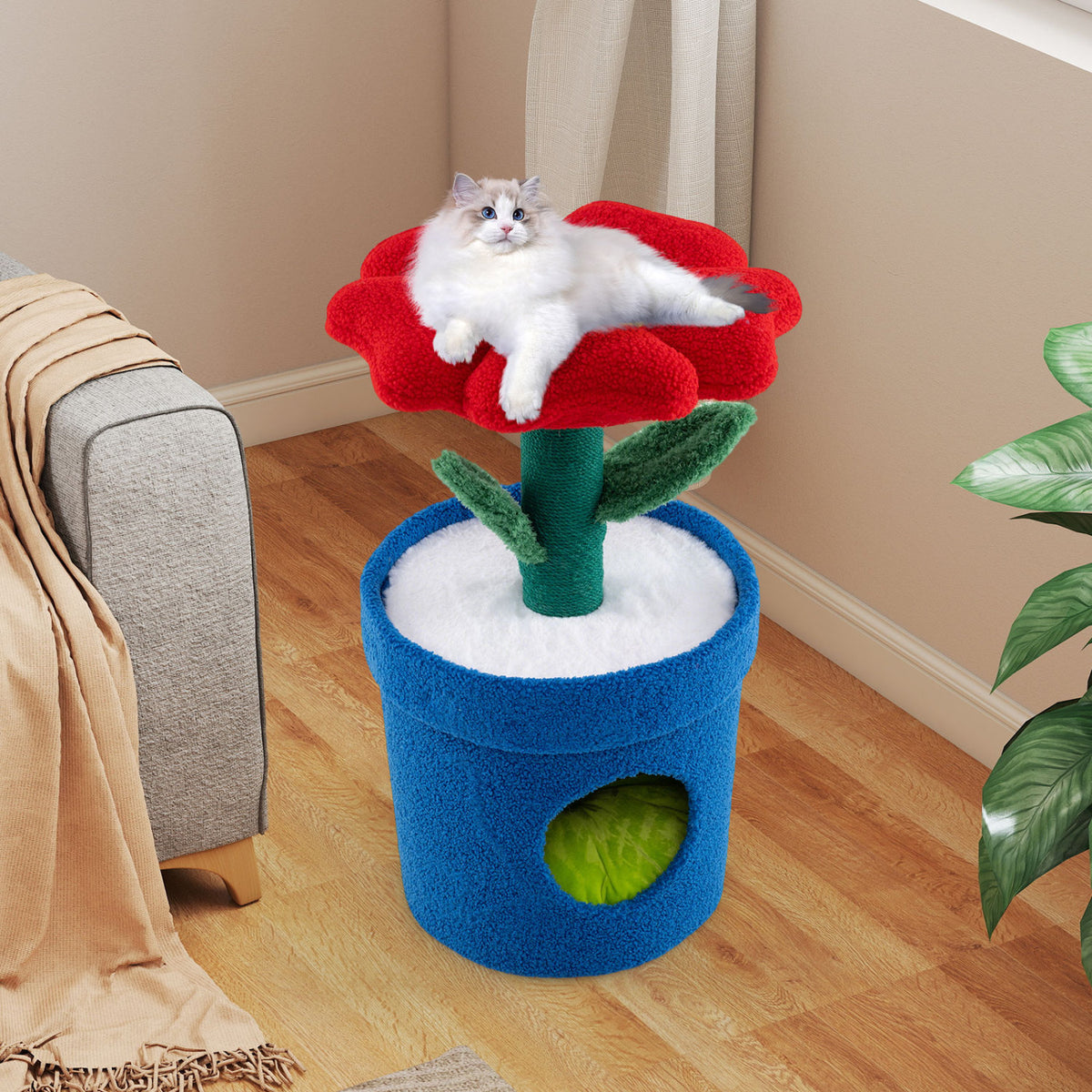 Cute Cat Tree with Flower Padded Perch for Indoor Cats-Red view 3