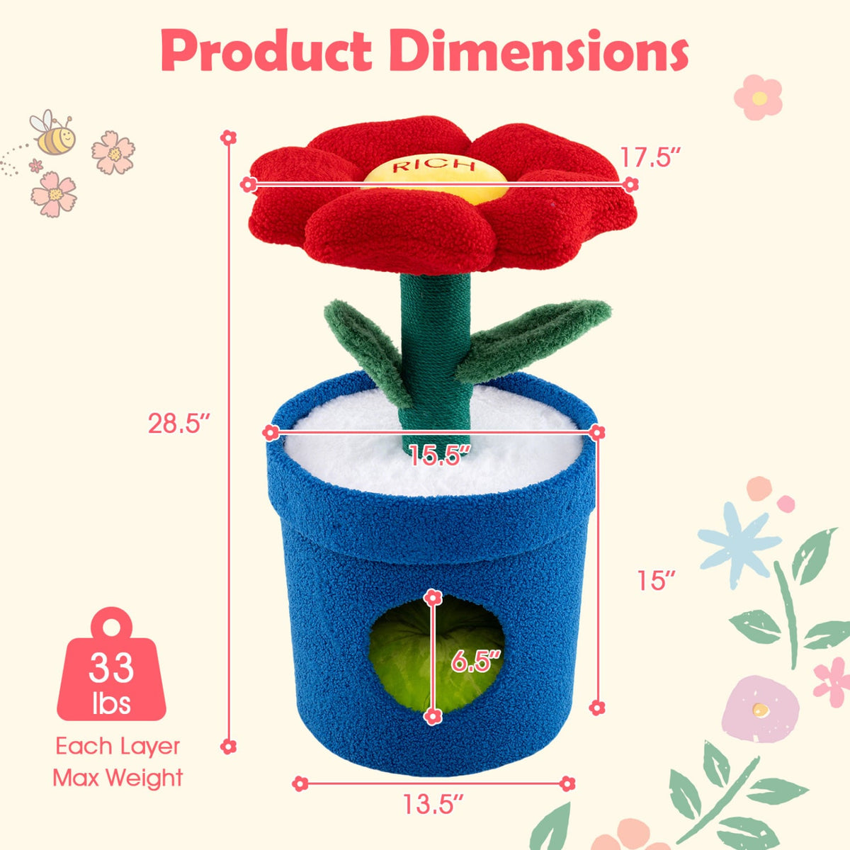 Cute Cat Tree with Flower Padded Perch for Indoor Cats-Red view 4