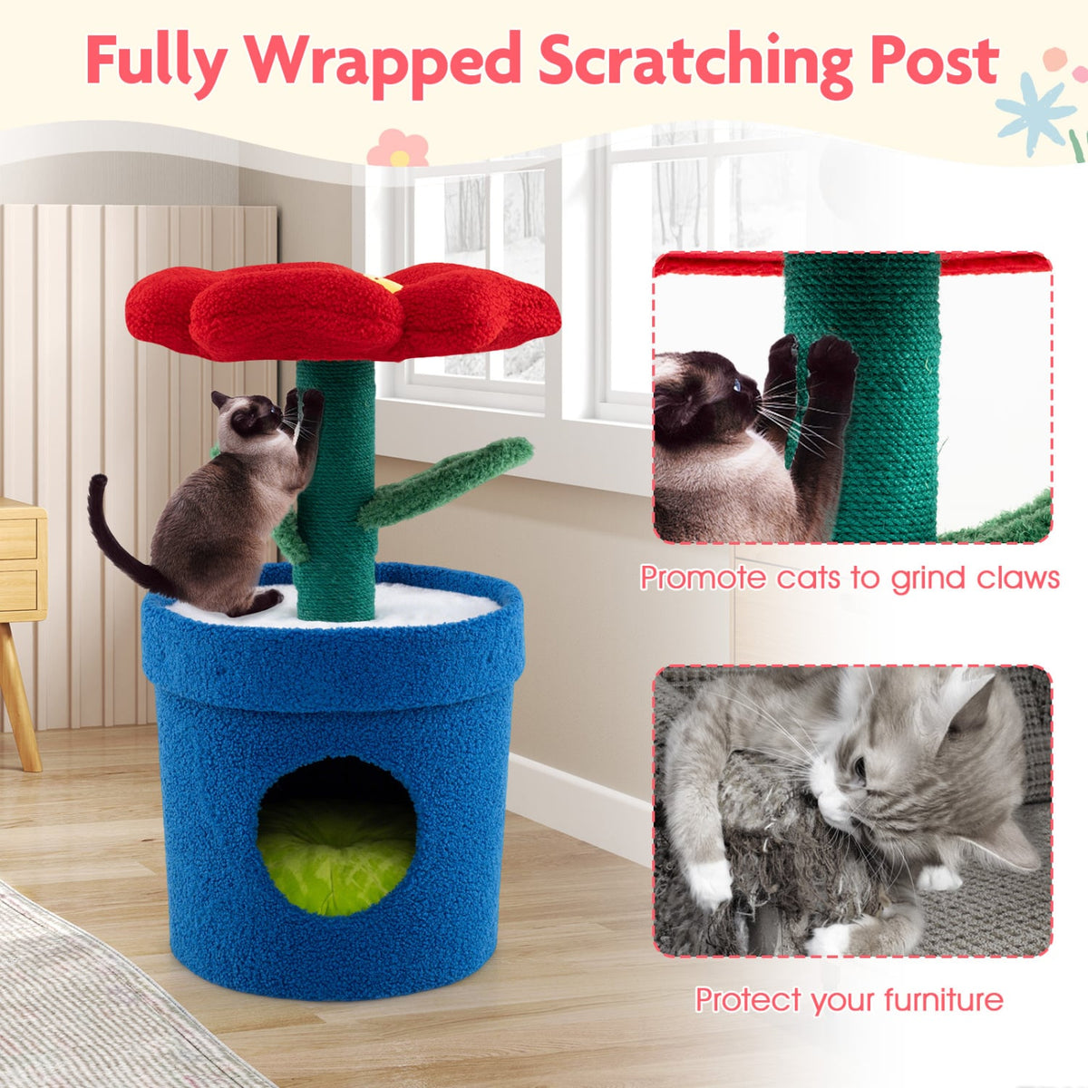 Cute Cat Tree with Flower Padded Perch for Indoor Cats-Red view 8