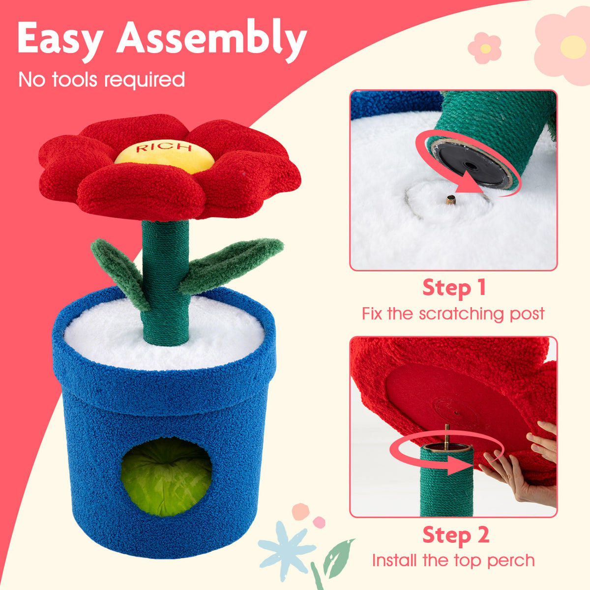Cute Cat Tree with Flower Padded Perch for Indoor Cats-Red view 9