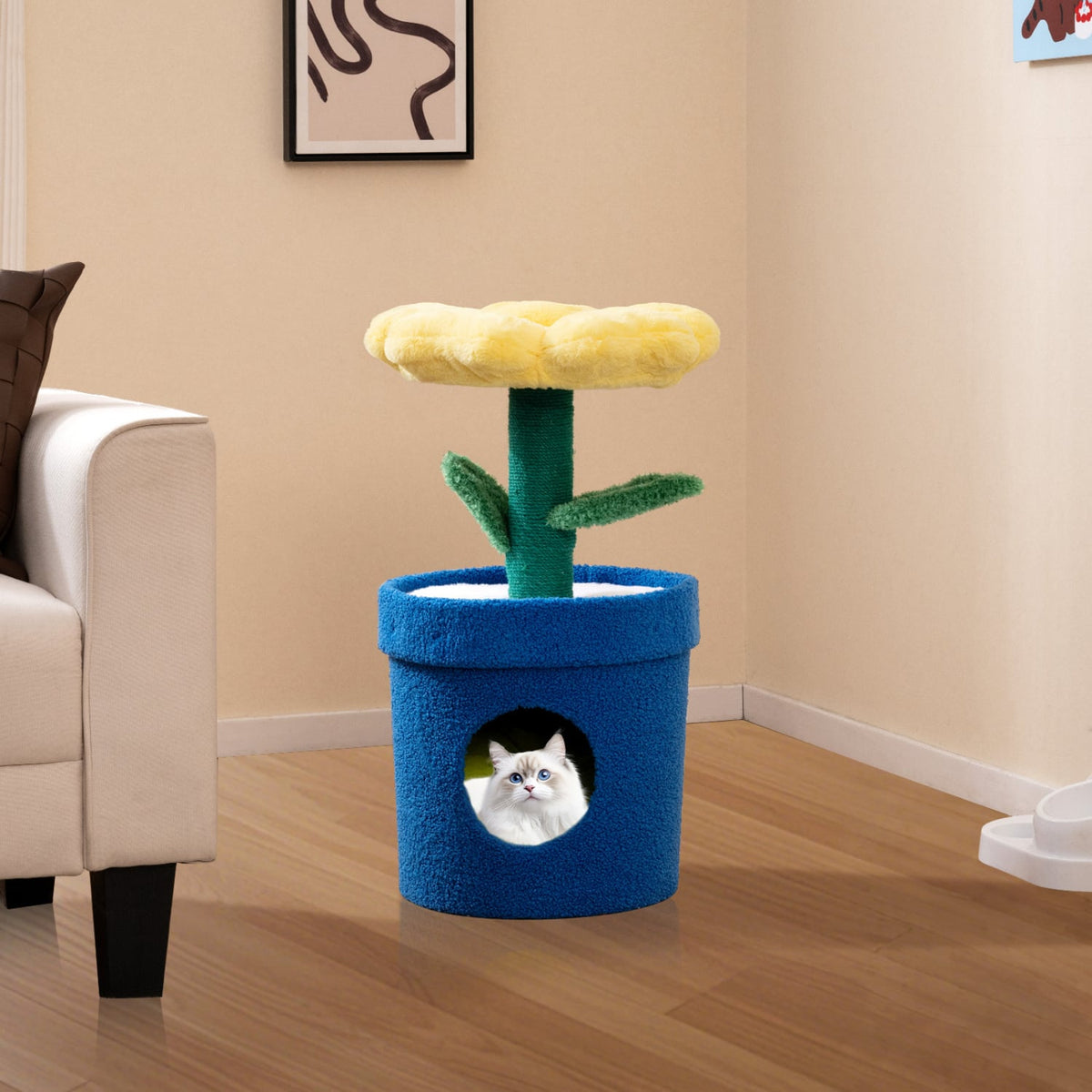 Cute Cat Tree with Flower Padded Perch for Indoor Cats-Yellow view 2