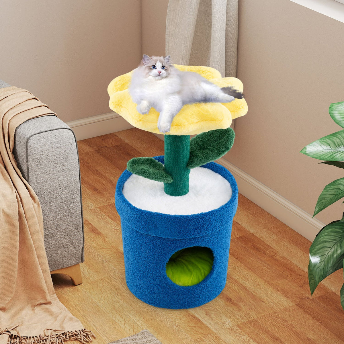 Cute Cat Tree with Flower Padded Perch for Indoor Cats-Yellow view 3