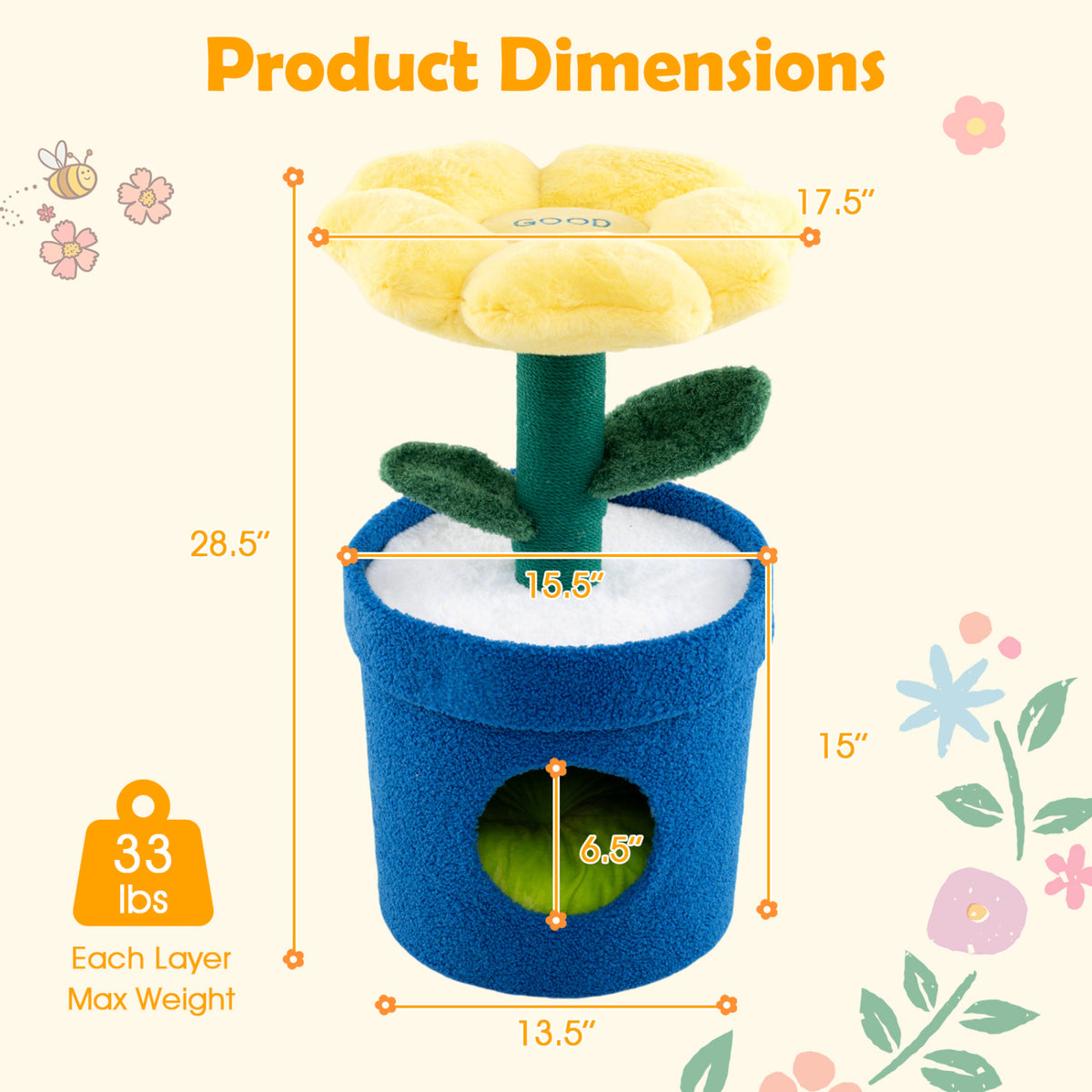 Cute Cat Tree with Flower Padded Perch for Indoor Cats-Yellow view 4
