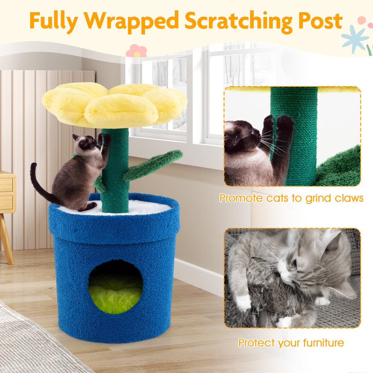 Cute Cat Tree with Flower Padded Perch for Indoor Cats-Yellow view 8