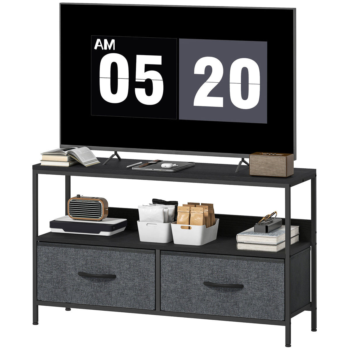 TV Stand with Charging Station, TV Table with 2 Foldable Linen Drawers and Open Shelf for 47 Inch