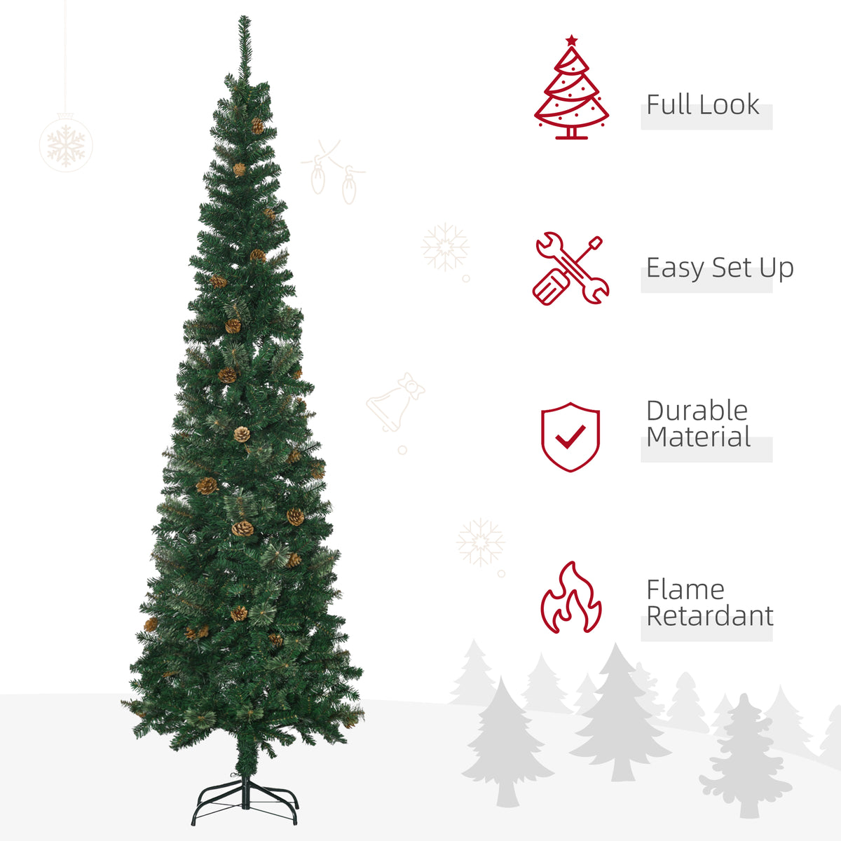 7.5ft Pencil Christmas Tree, Artificial Christmas with Pine Needles, Realistic Branches, Pine Cones – view 5
