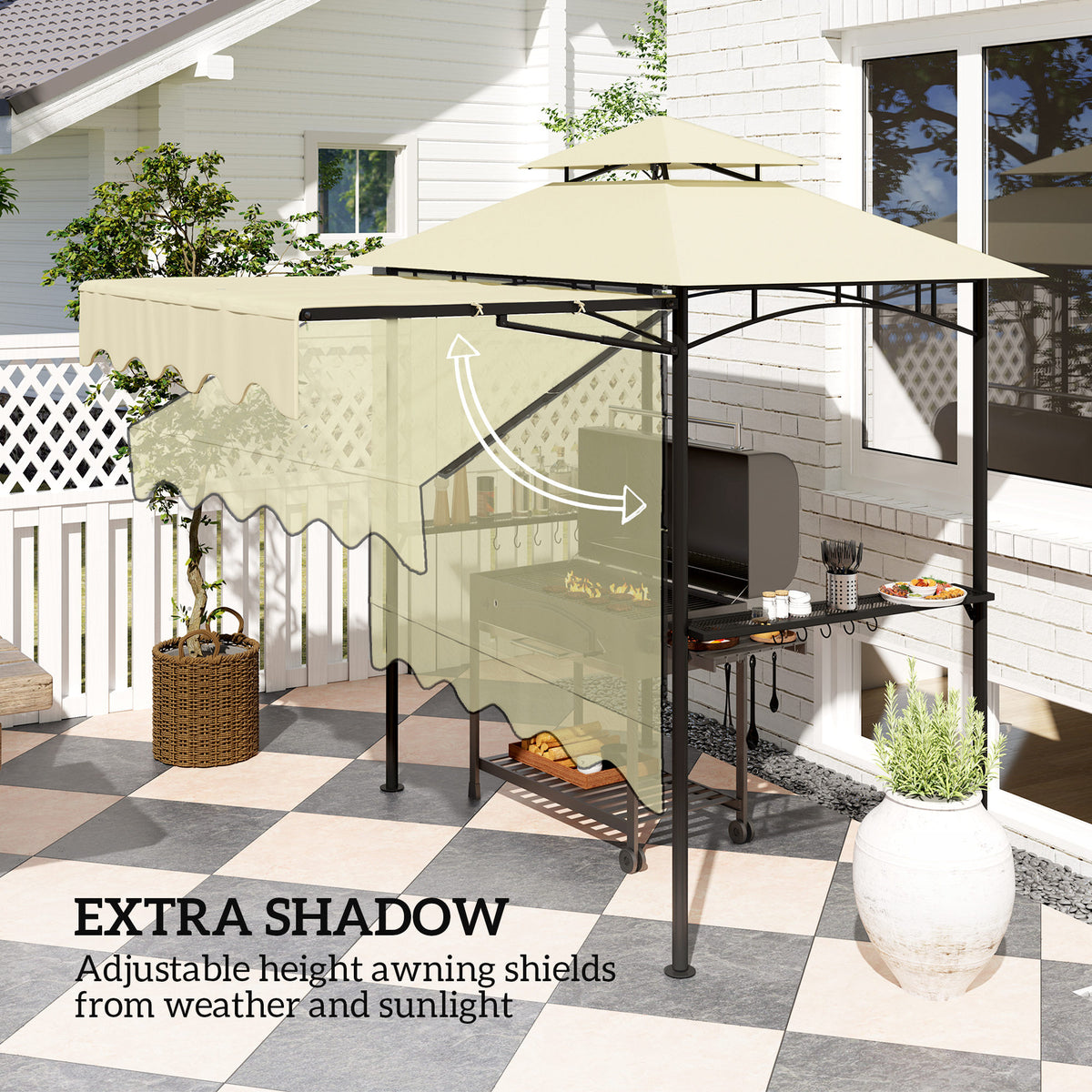 8' x 7.6' Grill Gazebo, Double Tiered Barbecue Grill Gazebo Shelter w/ Side Awning, 2 Side Shelves – view 3