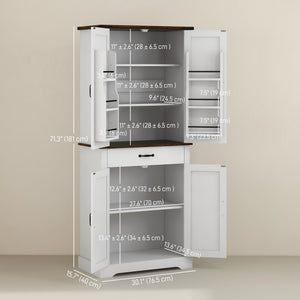 71" Tall Kitchen Cabinet, Farmhouse Pantry Cabinet with Barn Doors, Drawer and Adjustable Shelves, White