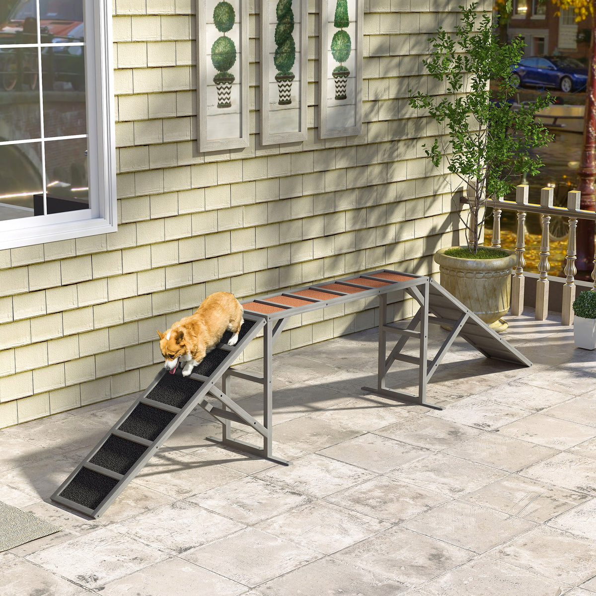 Dog Agility Equipment Ramp with Safety Bar, Non-slip Surface, for Walk and Pause Training, Gray