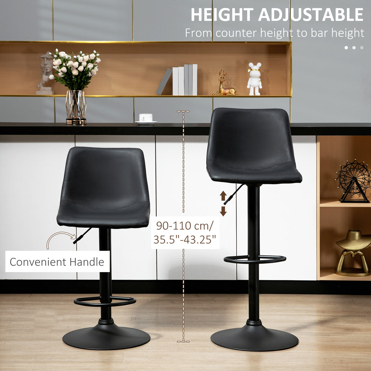Adjustable Counter Height Bar Stools Set of 2, 360° Swivel Kitchen Counter Stools Dining Chairs with Backs, Vintage Leather, Brown