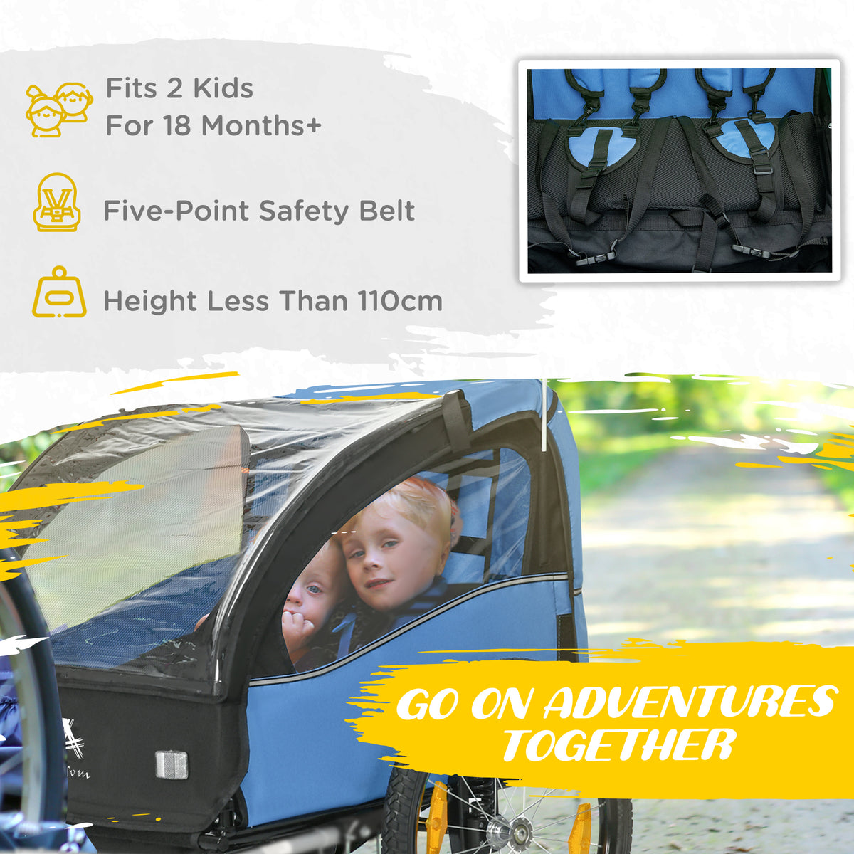Aosom 2 Seat Bike Trailer for Kids, Baby Stroller with Storage Bag, 5 Point Harness, Bicycle Trailer with 20" Wheels
