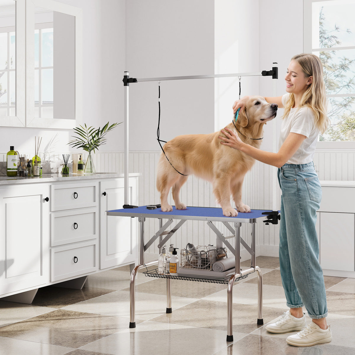 Adjustable Dog Grooming Table with 2 Safety Slings, Storage Basket, Black – view 14