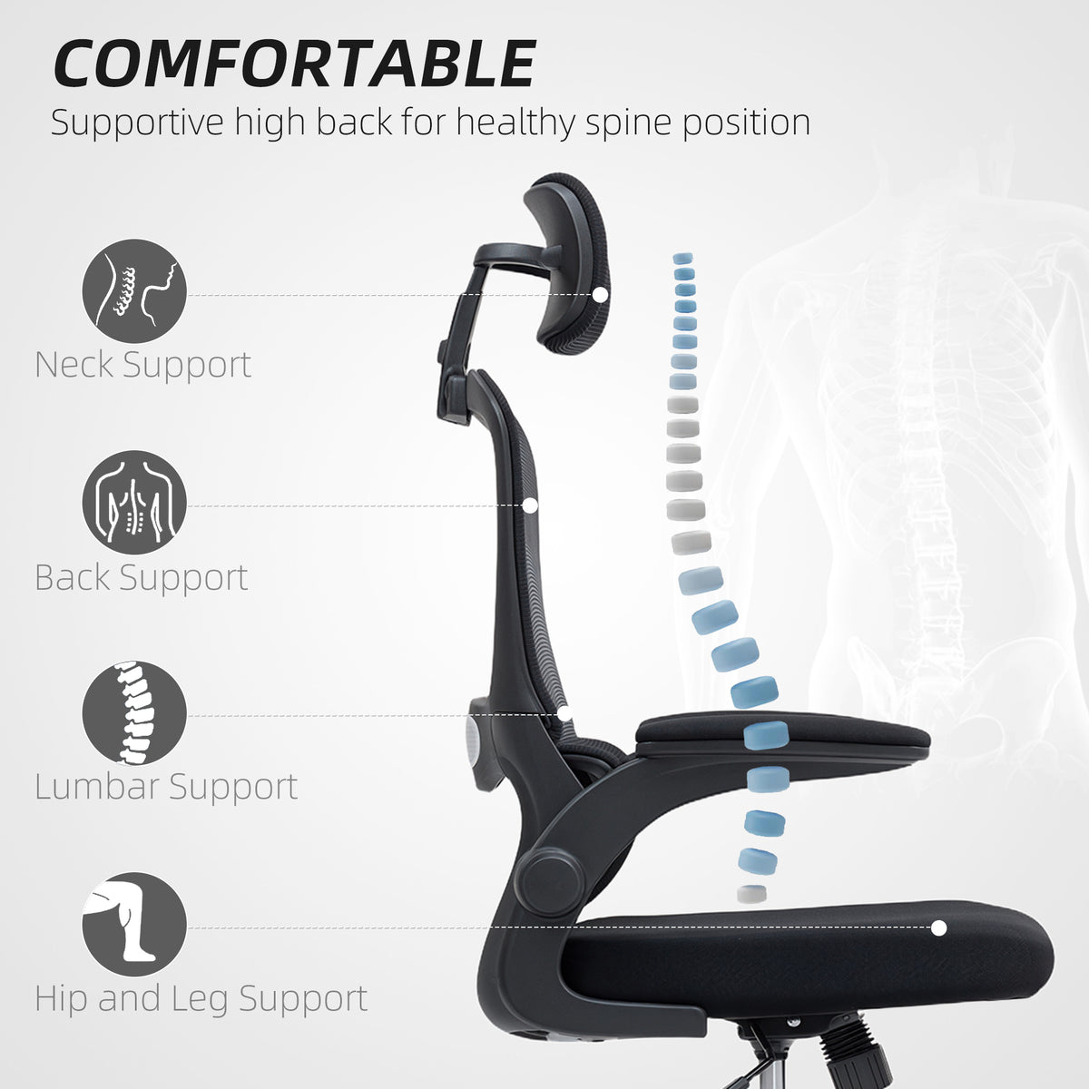 Ergonomic Mesh Office Chair, High Back Desk Chair with Rotatable Headrest, Flip-Up Armrests – view 3