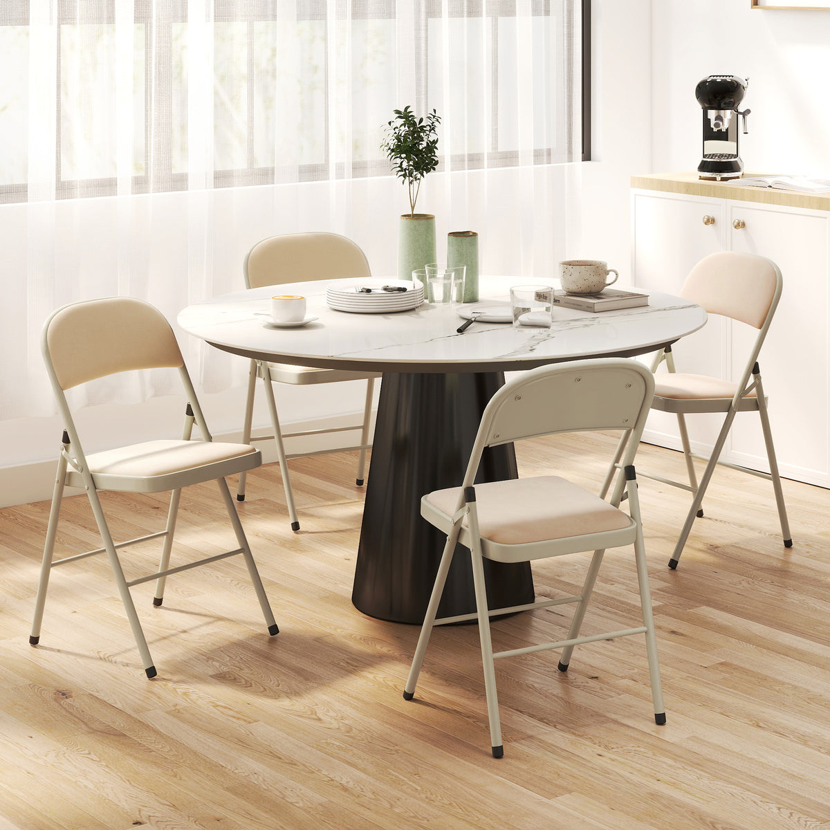 4 Pack Folding Chairs with Padded Seats, Velvet Portable Party Chairs with Steel Frame, Beige – view 7