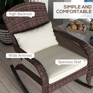 Adirondack Chair, Outdoor Wicker Rocking Chair with High Back, Seat Cushion and Pillow for Porch, Balcony, Cream/Brown