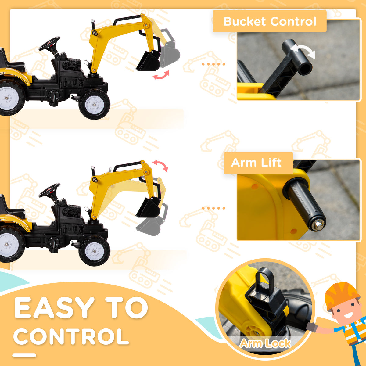 Aosom Ride on Tractor for Kids, Pedal Construction Car with Horn & Detachable Trailer for 3 Years Old, Yellow