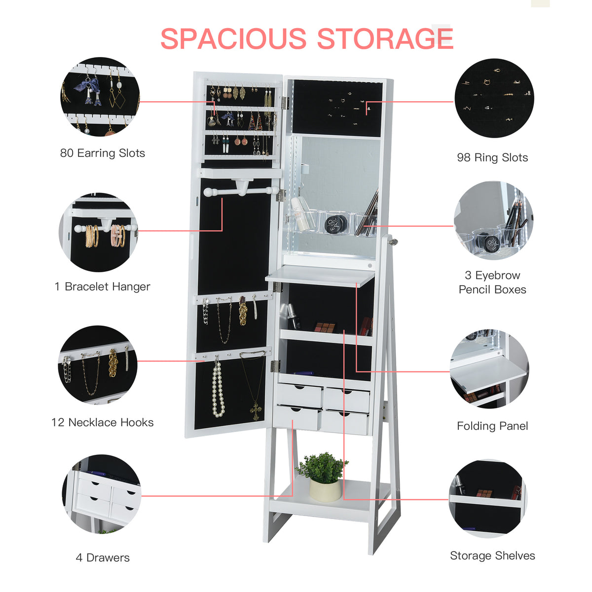 Jewellery Cabinet with Full-Length Mirror, Standing Jewelry Armoire with LED Light, White