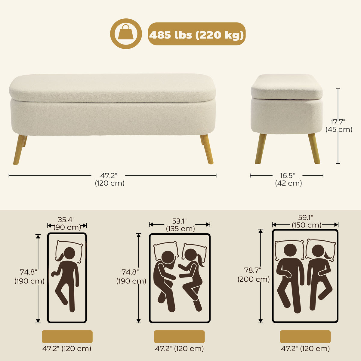 47 Inches Storage Ottoman Bench, End of Bed Bench, Upholstered Teddy Fleece Storage Chest for Living Room, Beige