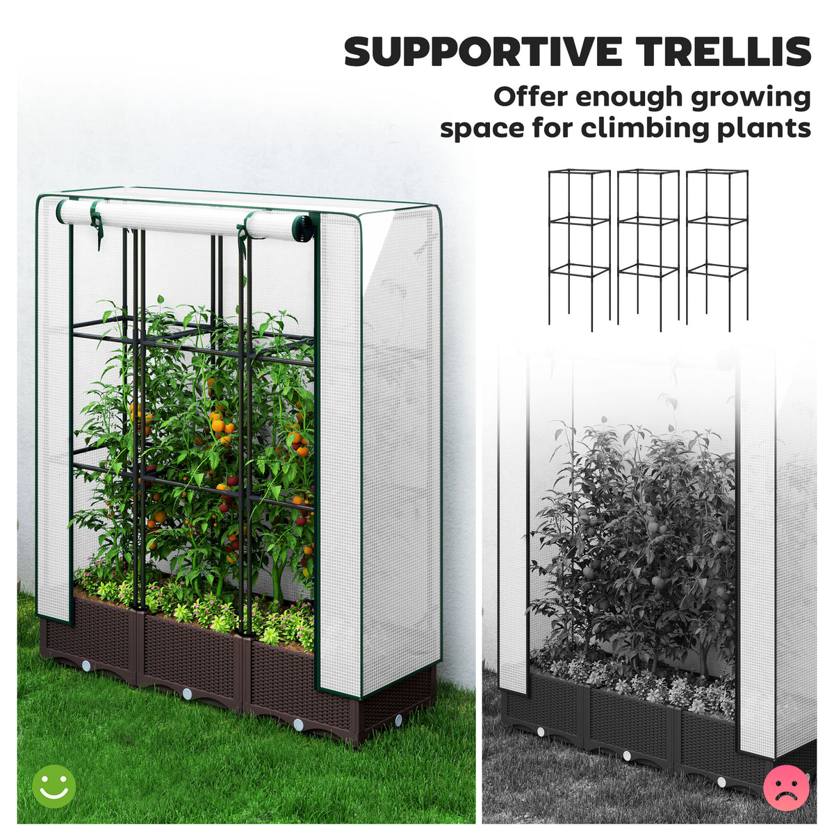 Raised Garden Bed Kit with Trellis, Plastic Raised Flower Bed with PE Cover and Zipper Door, 47 x 16 x 50 inch