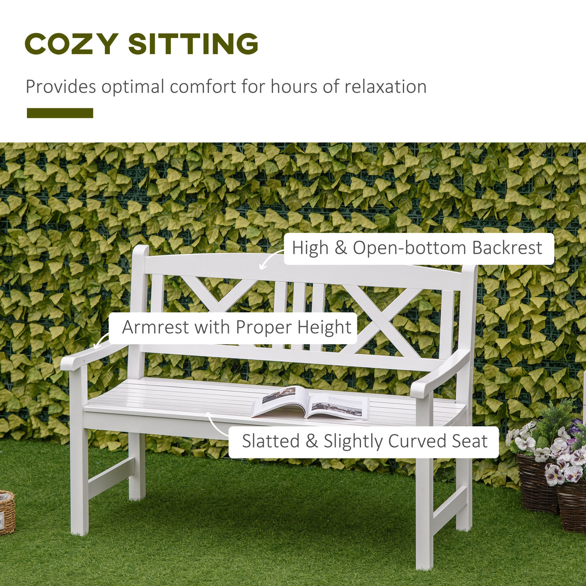 2-Seater Wooden Garden Bench, 4FT Outdoor Patio Loveseat with Unique X-Shape Back for Yard, Lawn, Porch, White