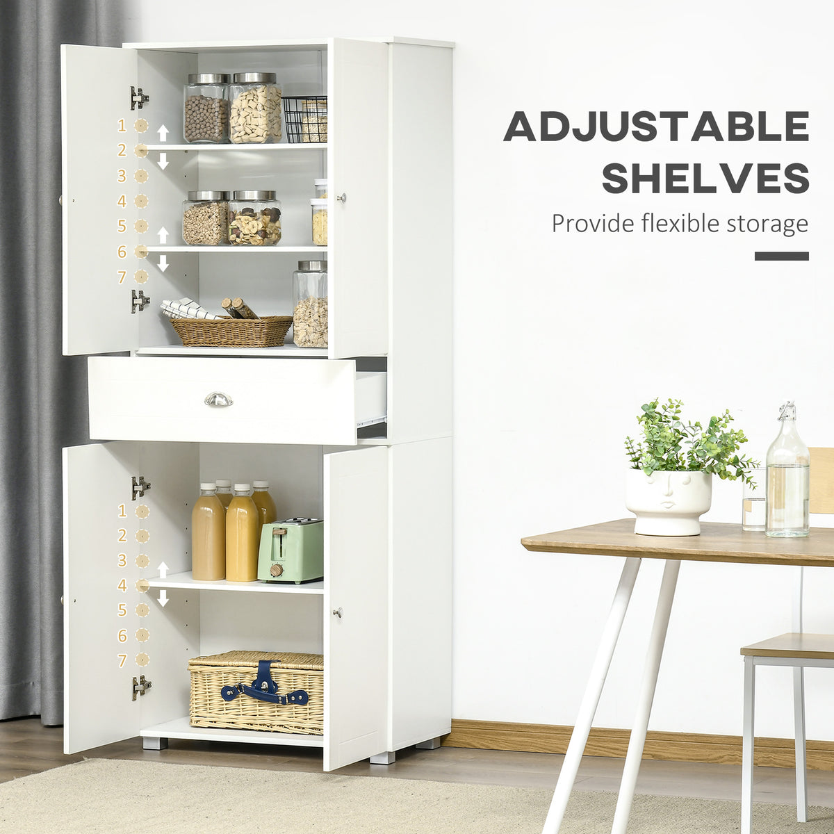 72" Kitchen Pantry Cabinet, Modern Kitchen Pantry Storage Cabinet with 4 Doors and 3 Adjustable Shelves, White