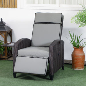Wicker Recliner Chair with Adjustable Backrest and Footrest, Washable Cushion, Side Tray, Light Grey