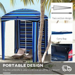 70.1" L x 70.1" W Cabana Umbrella with Walls, Vents, Ruffles, Carry Bag, Beach Umbrella, Blue White Stripe