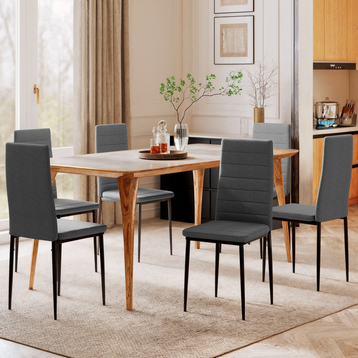 Modern Dining Chairs, Set of 6, High Back Linen Fabric Upholstery and Metal Legs for the Living Room, Home, Grey