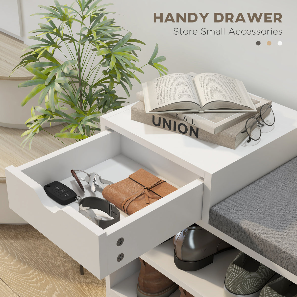 Upholstered Shoe Storage Bench, Hallway Shoe Storage with Seat, Drawer, 3 Open Shelves for Entryway, Grey – view 18