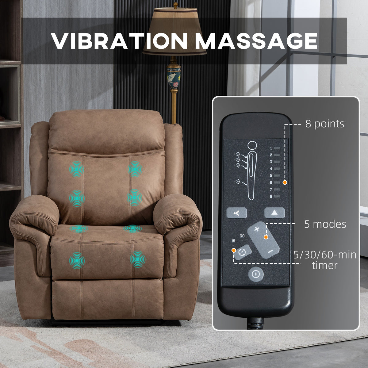 Manual Recliner Chair with Vibration Massage, Side Pockets, Microfibre Reclining Chair for Living Room, Brown