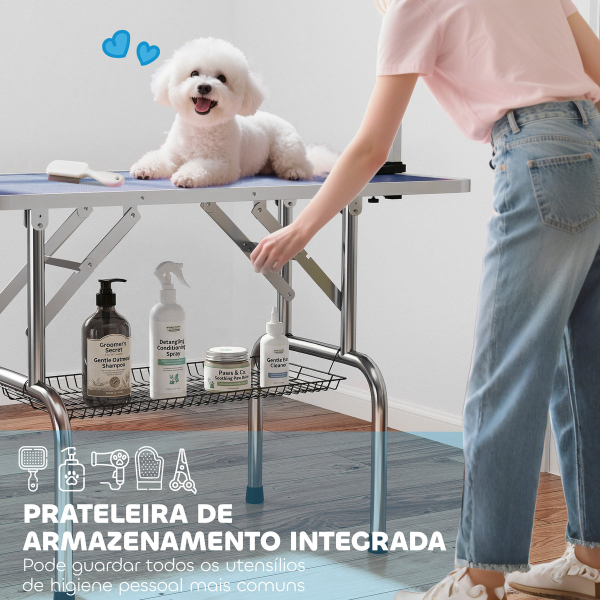 Adjustable Dog Grooming Table with 2 Safety Slings, Storage Basket, Black – view 13