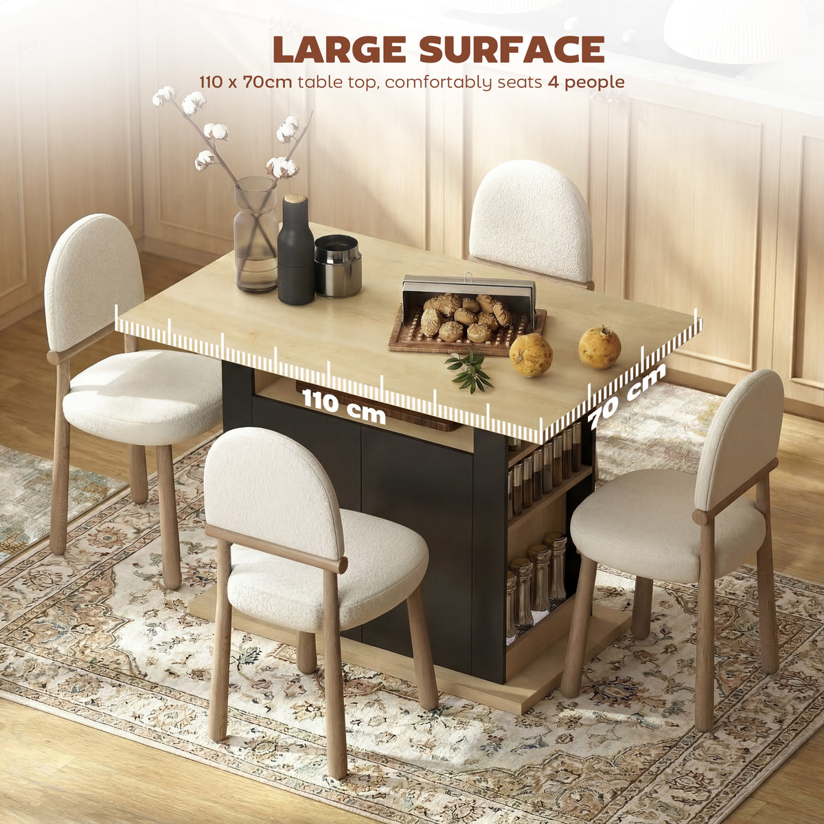 Kitchen Island Dining Table with Storage Cabinet, Large Tabletop for 4 People, 4-Door Cupboard & Shelves, Black